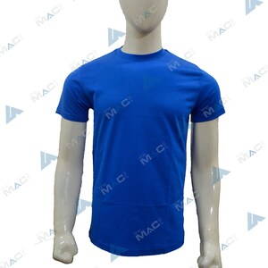 May include: A royal blue crew neck t-shirt displayed on a mannequin. The short-sleeved shirt is made of a smooth fabric. The text "the MAC" is printed on the shirt. The mannequin is set against a white background.