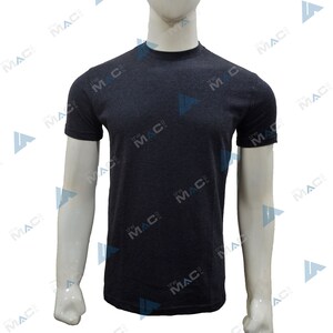 May include: A dark grey crew neck t-shirt on a mannequin. The short-sleeved shirt has a simple design and a slightly textured appearance. The mannequin is white, and the background is plain.
