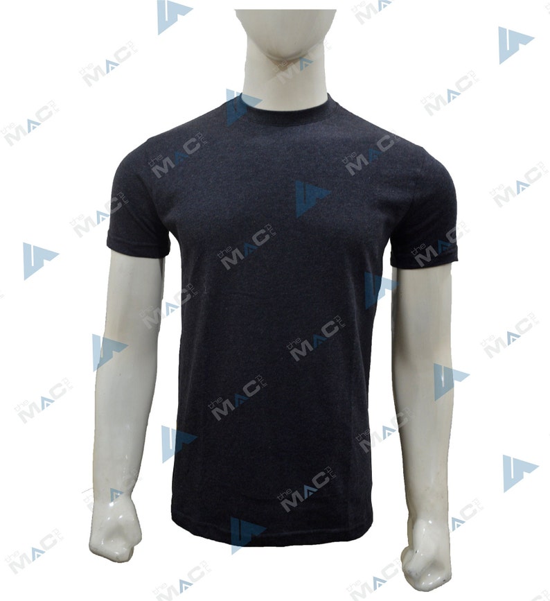 May include: A dark grey crew neck t-shirt on a mannequin. The short-sleeved shirt has a simple design and a slightly textured appearance. The mannequin is white, and the background is plain.