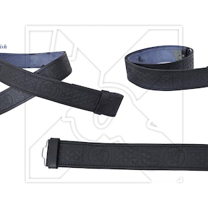 May include: Black leather belt with an embossed Celtic knot design. The belt is shown in three different positions.