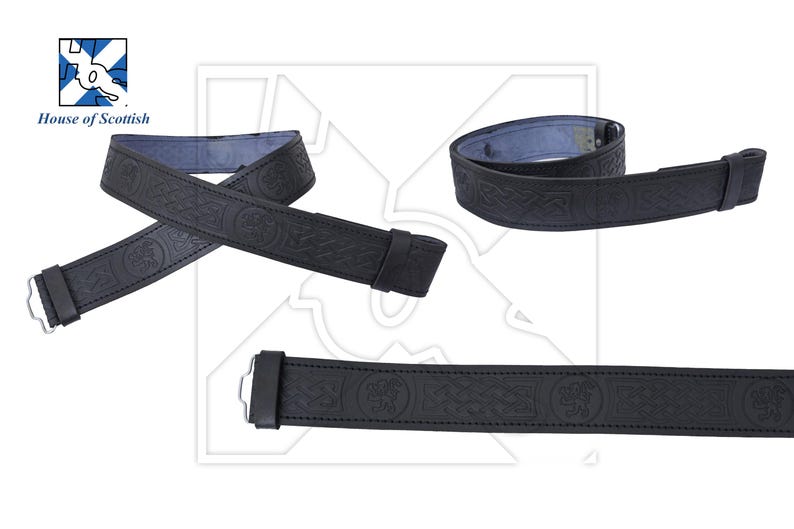 May include: Black leather belt with an embossed Celtic knot design. The belt is shown in three different positions.