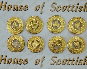 Scottish Highland kilt FLY PLAID BROOCH Gold Finish, Thistle Rolling Pattern. different designs .