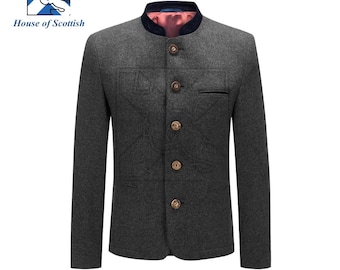 May include: A charcoal gray jacket with a mandarin collar and wooden buttons. The jacket has a small pocket on the chest and is from the "House of Scottish" brand. The jacket has a navy blue collar and a pink interior lining.