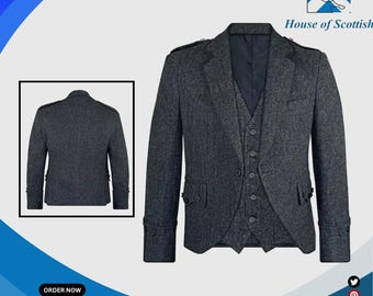 Schots argyle-kiltjack met gilet met 5 knopen | Antracietgrijs wollen argylljack | Bruiloft kiltjack heren van House Of Scottish