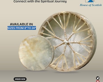 May include: Handcrafted shamanic drums, available in sizes from 20 cm to 61 cm. The image shows two circular drums with natural-toned hides and intricate lacing. The text reads "Connect with the Spiritual Journey" and "House of Scottish".