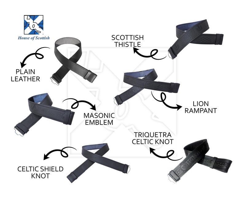 May include: A selection of black leather belts with different embossed designs, including a plain leather belt, a belt with a Scottish thistle design, a belt with a Masonic emblem, a belt with a triquetra Celtic knot design, a belt with a Celtic shield knot design, and a belt with a lion rampant design.