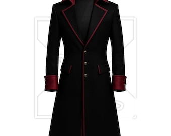 Victorian Gothic Men’s Tailcoat – Black & Red Long Frock Coat | Steampunk, Regency, Vampire Costume Jacket