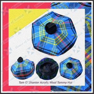 May include: A blue, yellow, red and black tartan tam o' shanter hat with a black pom pom. The hat is made of acrylic wool and is called a "Tam O' Shanter Acrylic Wool Tammy Hat".