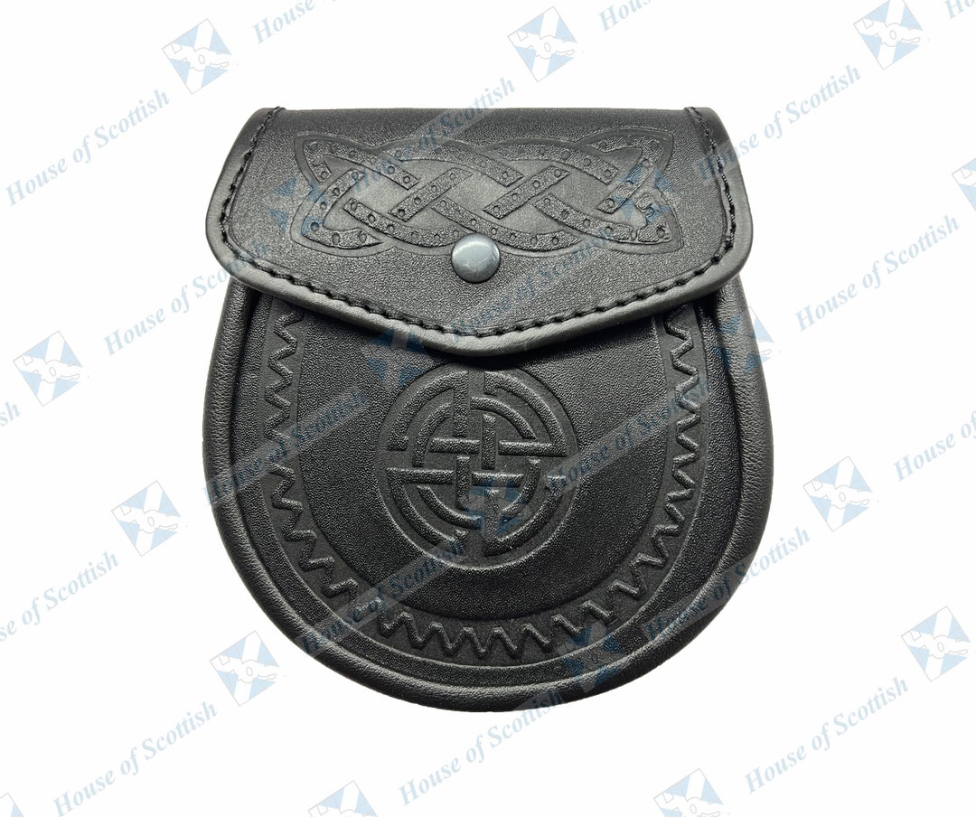 thumbnail interactive-video image 1 of Scottish Kilt Sporran - Celtic Embossed Black Leather With Belt & Chain - AAR 1 of 6