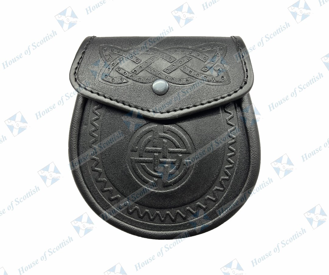 Scottish Kilt Sporran - Celtic Embossed Black Leather With Belt & Chain - AAR