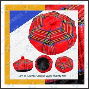 May include: Red and black tartan tam o' shanter hat with a black band and a red pom pom on top. The hat is made of acrylic wool.