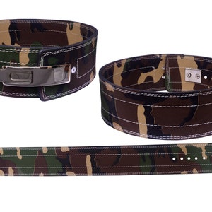 May include: A camouflage weightlifting belt with a silver buckle and multiple rows of stitching. The belt is made of leather and has a camouflage pattern.