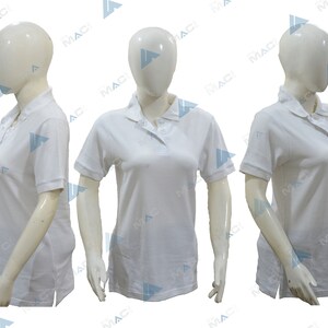 May include: White polo shirt with a short sleeve and a button-down collar.