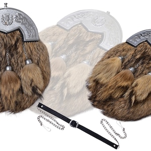 Men&#39;s Scottish Full Dress FOX FUR SPORRAN Chrome Cantle Three Tassels Kilt Leather Thistle Sporran / Chain Belt