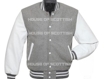 Unisex Stylish Baseball Varsity American Letterman Jacket / American College University Jacket Grey Body White Sleeves