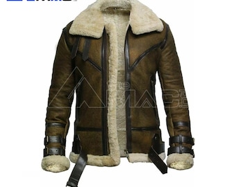 Men&#39;s Handmade Genuine Sheepskin Leather Shearling Bomber Faux Fur Jacket | Shearling Flight Jacket | Leather Winter Jacket