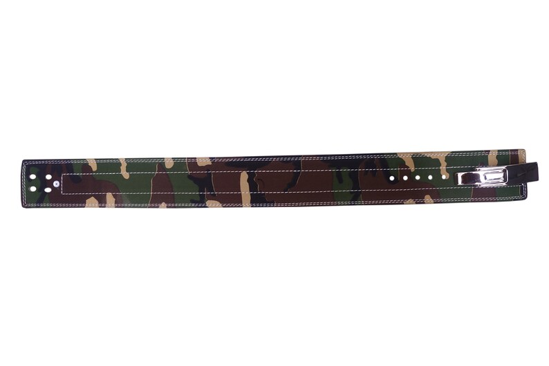 May include: A camouflage weightlifting belt with a metal buckle. The belt is made of leather and has a stitched design.