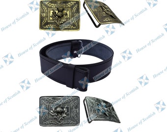 Scottish Black Real Leather Kilt Belt and Buckle | Plain Leather Adjustable Size Kilt Belt and Interchangeable Buckle