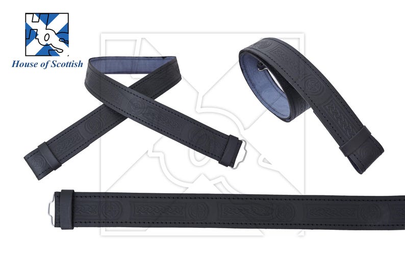 May include: Black leather belt with a Celtic knot design. The belt is shown in three different positions.