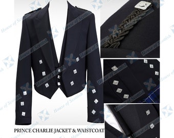 Veste écossaise Prince Charlie faite à la main avec gilet à 3 boutons | Veste Kilt Argyle en laine | Veste de mariée pour hommes Taille de coffre 34 « à 54 »