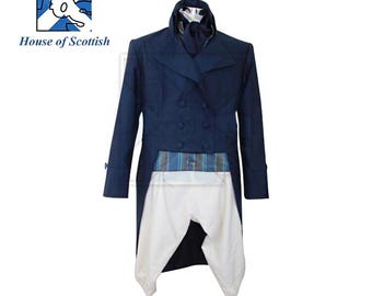 May include: A navy blue Scottish jacket with a double-breasted front, and white trousers. The jacket has a high collar and a patterned sash. The "House of Scottish" logo is visible in the upper left corner.