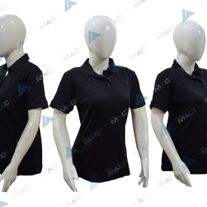 May include: Three mannequins wearing black polo shirts. The shirts have a classic collar and short sleeves.