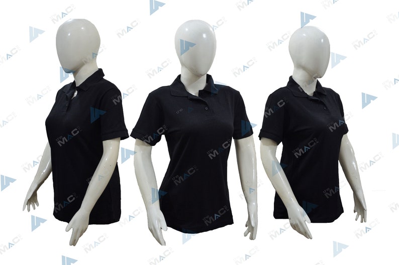 May include: Three mannequins wearing black polo shirts. The shirts have a classic collar and short sleeves.