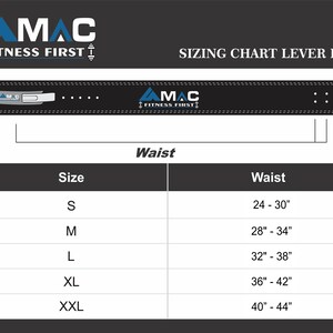 May include: Sizing chart for lever belts. The chart shows the waist size in inches for each belt size: S (24-30 inches), M (28-34 inches), L (32-38 inches), XL (36-42 inches), and XXL (40-44 inches).