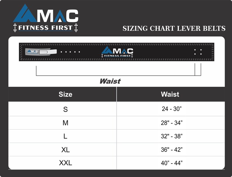 May include: Sizing chart for lever belts. The chart shows the waist size in inches for each belt size: S (24-30 inches), M (28-34 inches), L (32-38 inches), XL (36-42 inches), and XXL (40-44 inches).