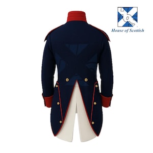 May include: Navy blue military-style jacket with red trim and gold buttons. The jacket features a high collar and a distinctive X-shaped design on the back. The House of Scottish logo is visible in the upper right corner.