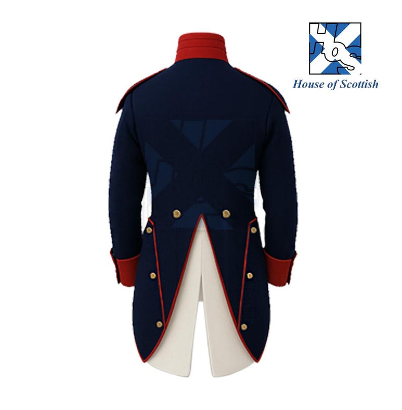 May include: Navy blue military-style jacket with red trim and gold buttons. The jacket features a high collar and a distinctive X-shaped design on the back. The House of Scottish logo is visible in the upper right corner.