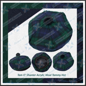 Scottish Black Watch Tartan Tam O&#39; Shanter Hat Bonnet Beret Balmoral Scottish Tammy Hat by House of Scottish