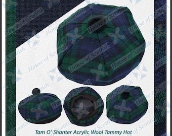 Scottish Black Watch Tartan Tam O&#39; Shanter Hat Bonnet Beret Balmoral Scottish Tammy Hat by House of Scottish
