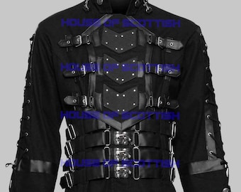 Gothic Steampunk Trench Coat – Black Vampire Long Coat with Buckle Straps | Men’s Victorian Cyberpunk Jacket – Bondage Jacket