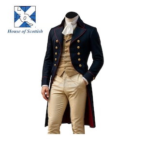 Può includere: Un cappotto blu navy con finiture rosse e bottoni dorati, abbinato a un gilet e pantaloni beige. Il cappotto ha un colletto alto e fa parte di un abito formale. Il logo "House of Scottish" è visibile.