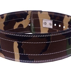 May include: A camouflage weightlifting belt with a black leather strap and a silver buckle. The belt has white stitching and multiple holes for adjusting the fit.