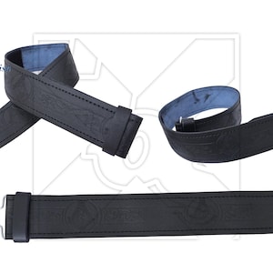 May include: Black leather belt with an embossed Celtic knot design. The belt is shown in three different positions, including a close-up of the buckle.