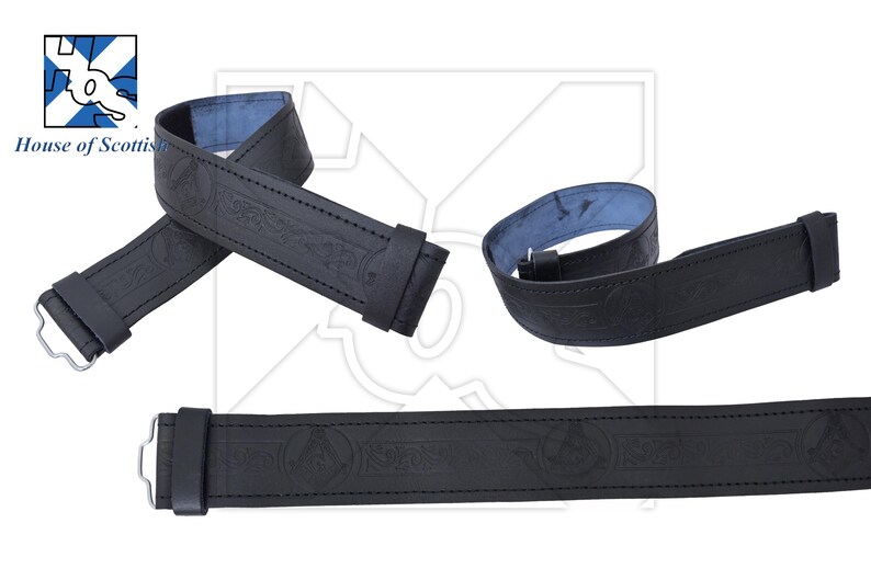 May include: Black leather belt with an embossed Celtic knot design. The belt is shown in three different positions, including a close-up of the buckle.
