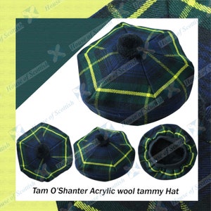 Scottish Gordon Tartan Tam O&#39; Shanter Hat Tartan Tammy Bonnet Beret Balmoral Scottish Tammy Hat. GRTH-006