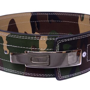 May include: A camouflage weightlifting belt with a silver buckle and white stitching. The belt has a size "M" printed on the buckle.