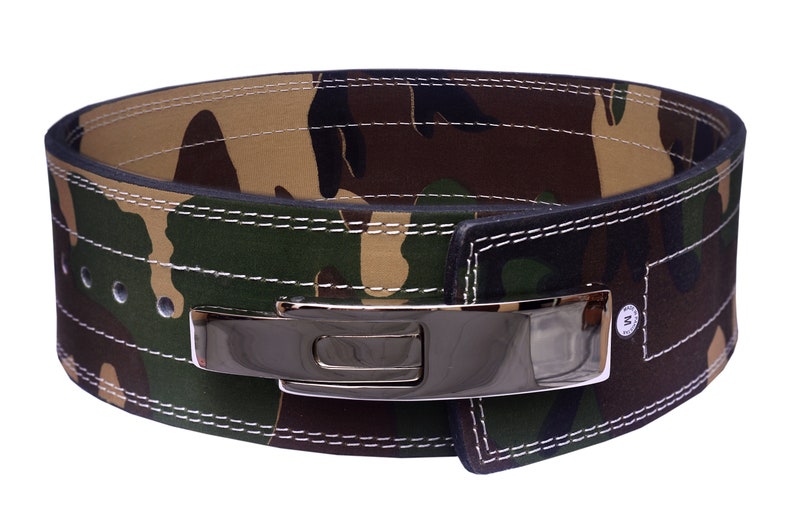 May include: A camouflage weightlifting belt with a silver buckle and white stitching. The belt has a size "M" printed on the buckle.