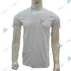 May include: A plain white crew neck t-shirt. The short-sleeved shirt is displayed on a mannequin. The shirt is made of a soft, opaque material. The t-shirt is a basic wardrobe staple.
