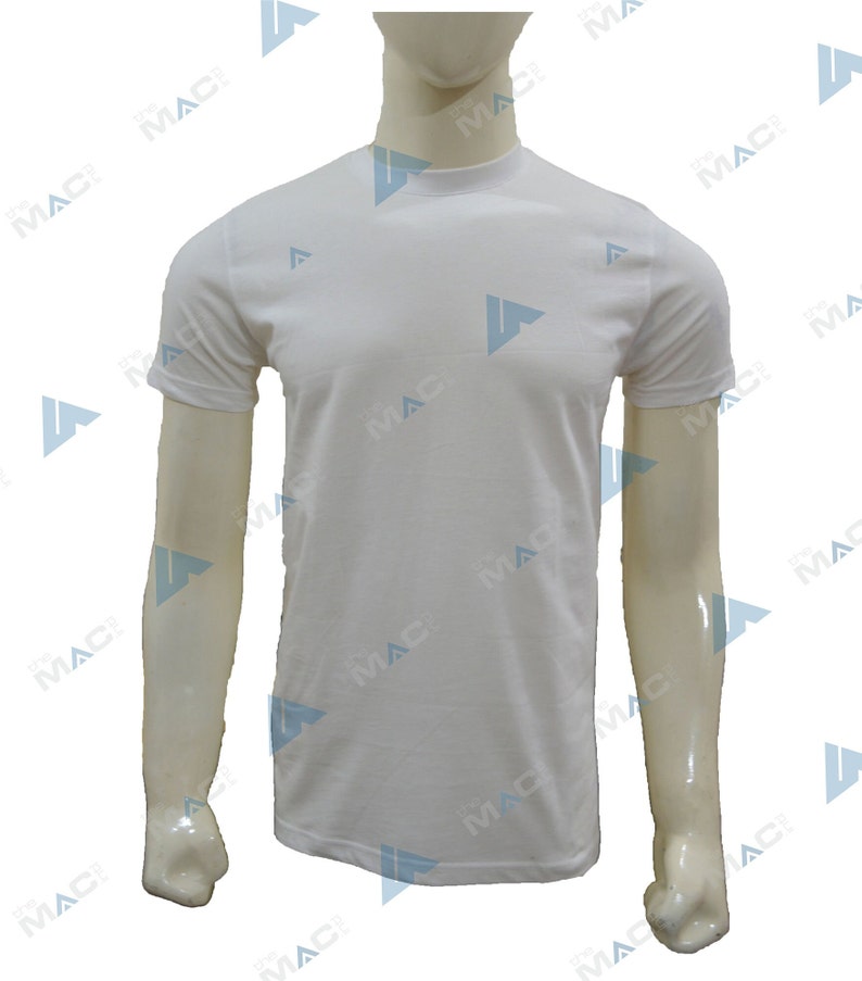 May include: A plain white crew neck t-shirt. The short-sleeved shirt is displayed on a mannequin. The shirt is made of a soft, opaque material. The t-shirt is a basic wardrobe staple.
