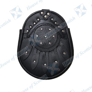 Men&#39;s Scottish Black Leather Studded Leaves GOTHIC KILT SPORRAN | Gothic Clothing Sporran | Hunting Sporran By House of Scottish