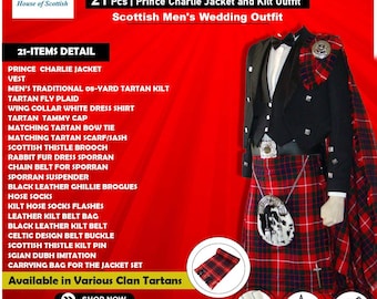 May include: A 21-piece Scottish outfit featuring a black Prince Charlie jacket, a white dress shirt, a black vest, and a red tartan kilt. Accessories include a tartan fly plaid, sporran, ghillie brogues, hose socks, and a thistle brooch.