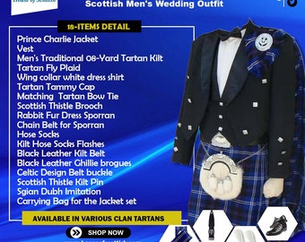 18 Pcs | Scottish Prince CHARLIE Jacket, Vest and KILT OUTFIT Ultimate Set | Men&#39;s Wedding Outfit By House Of Scottish