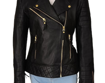 Black Quilted Leather Moto Jacket for Women – Asymmetrical Zipper, Gold Hardware, Biker Style