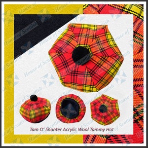 Scottish Rourke Frew Tartan Tam O&#39; Shanter Hat Tartan Tammy Bonnet Beret Balmoral Scottish Tammy Hat. RFTH-032