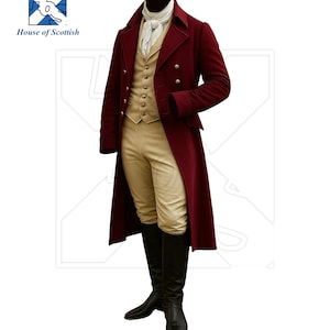 May include: A burgundy long coat with gold buttons, paired with a beige vest, pants, and black boots. A white ascot is worn with the outfit. The House of Scottish logo is in the upper left corner.