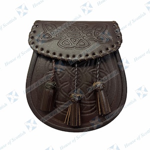 Men&#39;s Scottish Brown Chrome Leather Double EMBOSSED GOTHIC SPORRAN | Gothic Clothing Sporran with Three Tassels & Chain Belt | Day Sporran